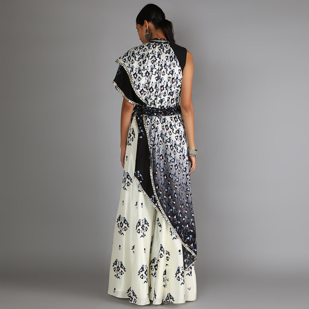 Black And White Ombre Drape Top With Bird Print Sharara Pants