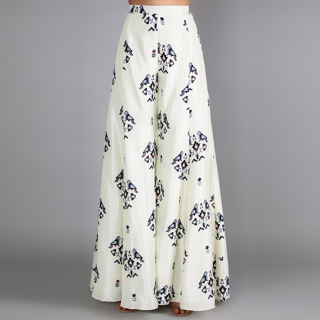 Black And White Ombre Drape Top With Bird Print Sharara Pants