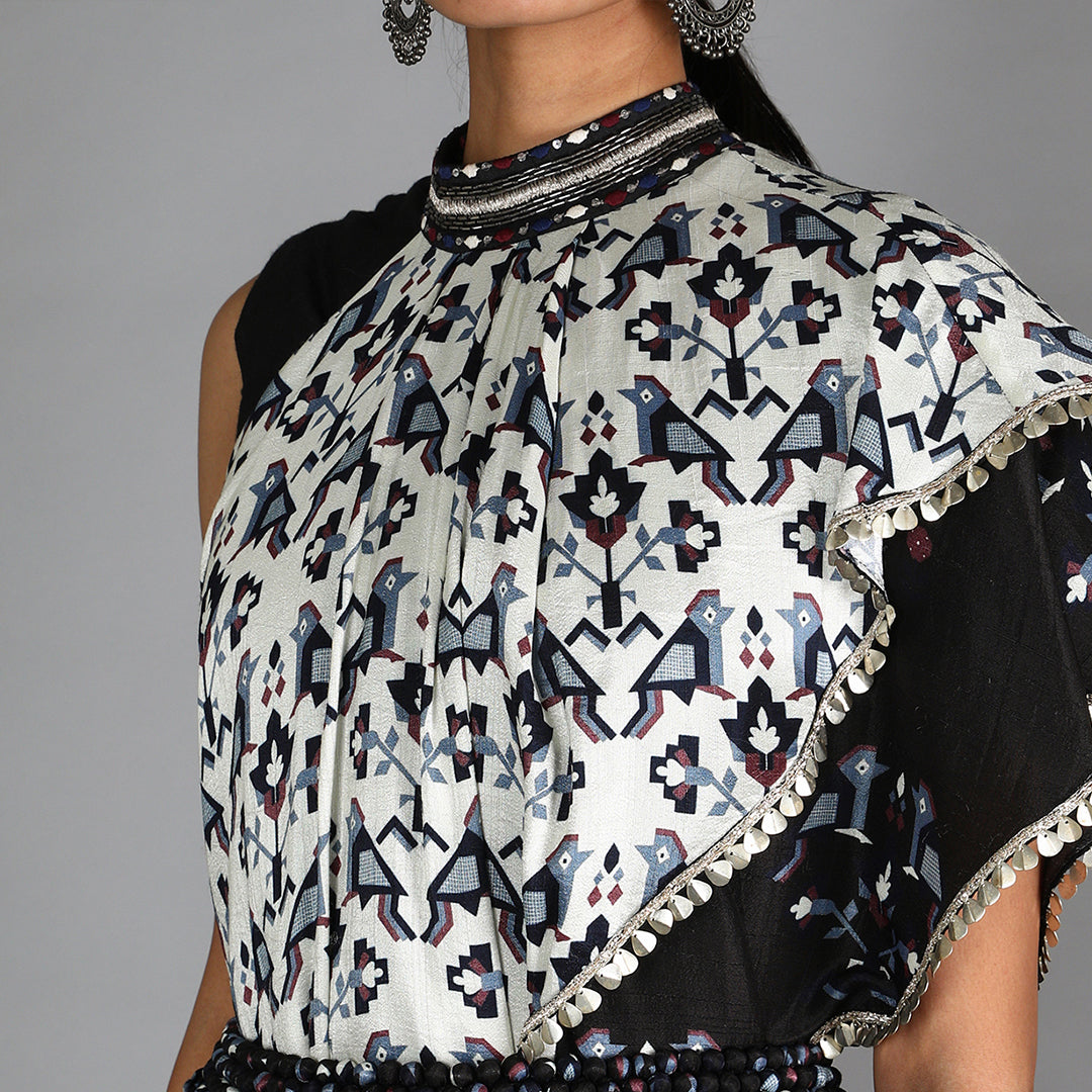 Black And White Ombre Drape Top With Bird Print Sharara Pants