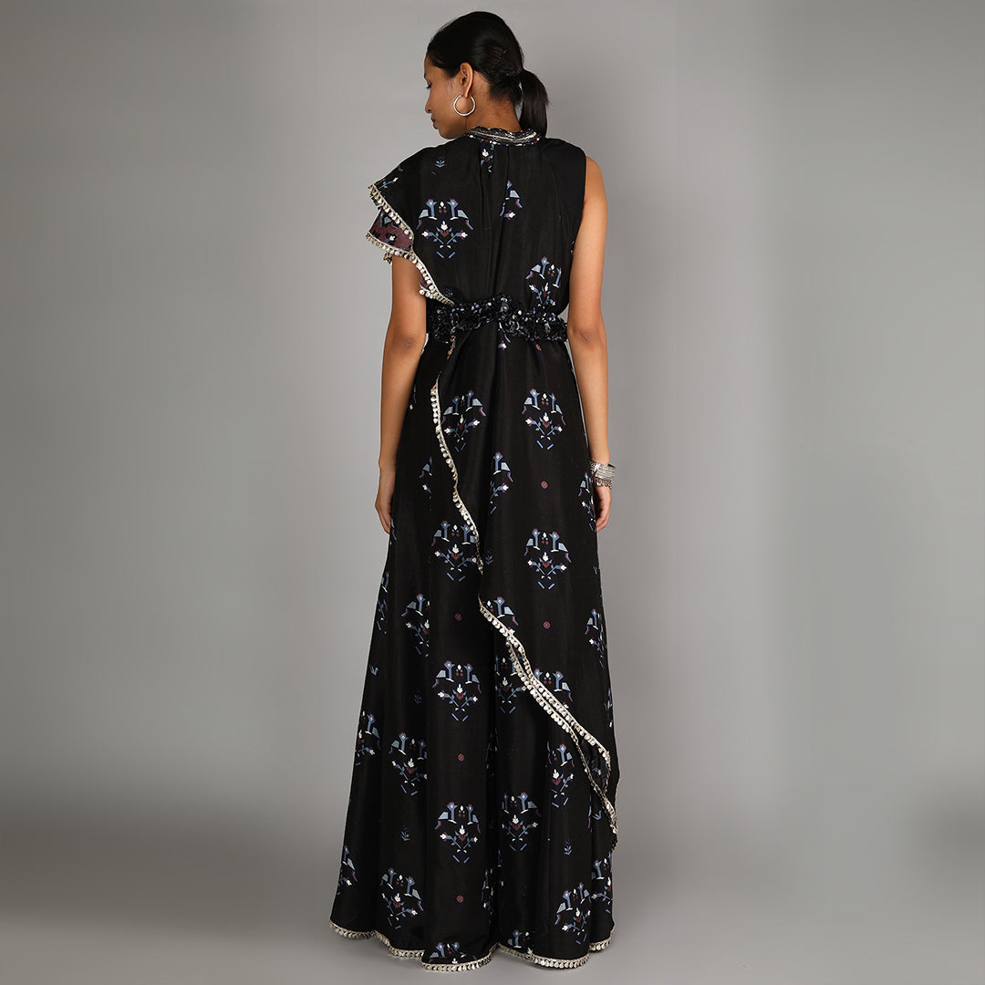 Black Bird Print Drape Top With Sharara Pants