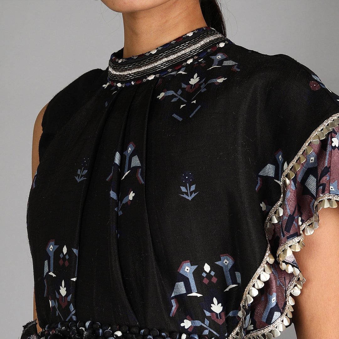 Black Bird Print Drape Top With Sharara Pants