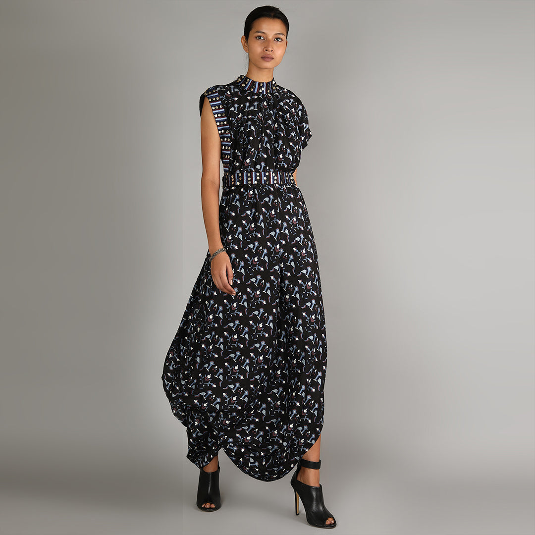 Black Geometric Damask Print Drape Dress With Embroidery Detailing