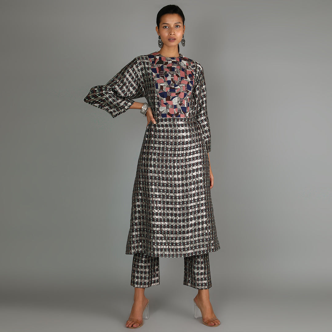 Black Jaali Print Chanderi Kurta Set With Embellished Yoke