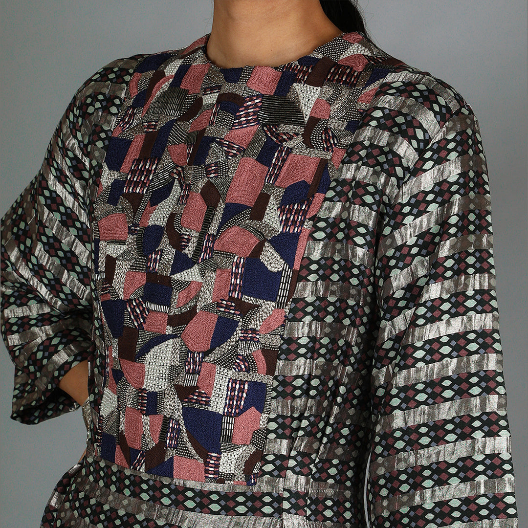 Black Jaali Print Chanderi Kurta Set With Embellished Yoke