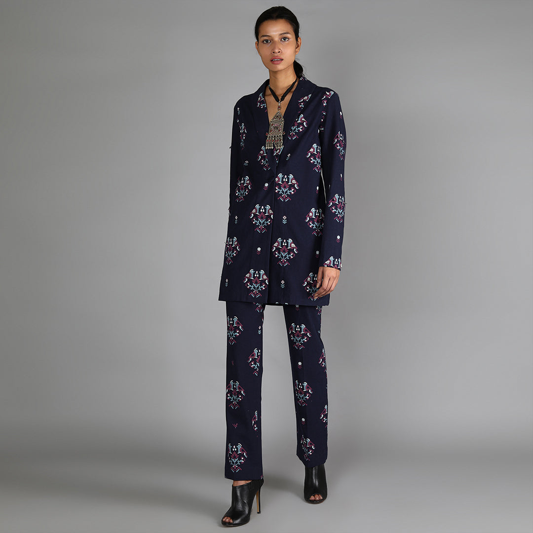 Bird Print Dark Blue Denim Pant Suit