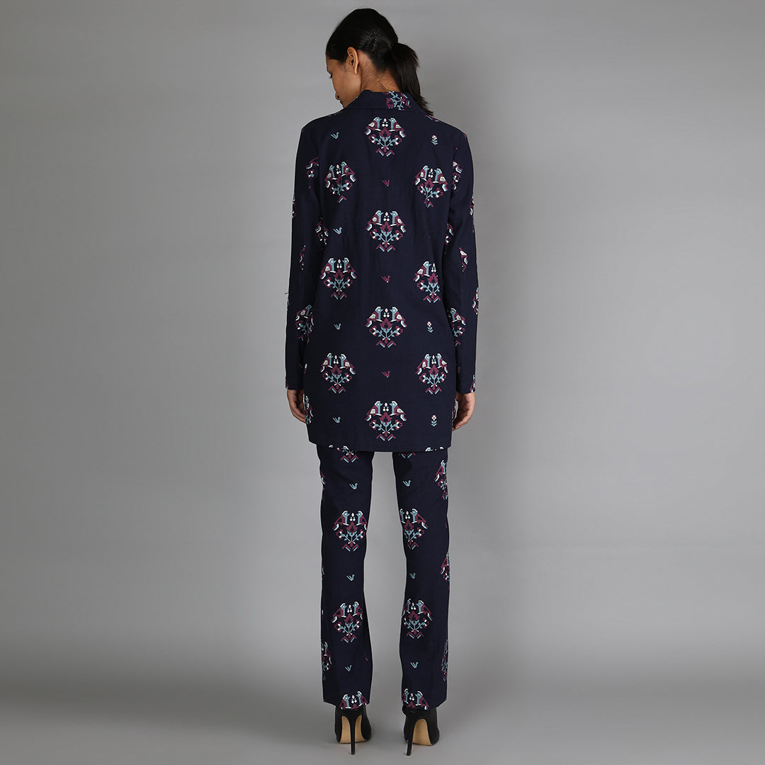 Bird Print Dark Blue Denim Pant Suit