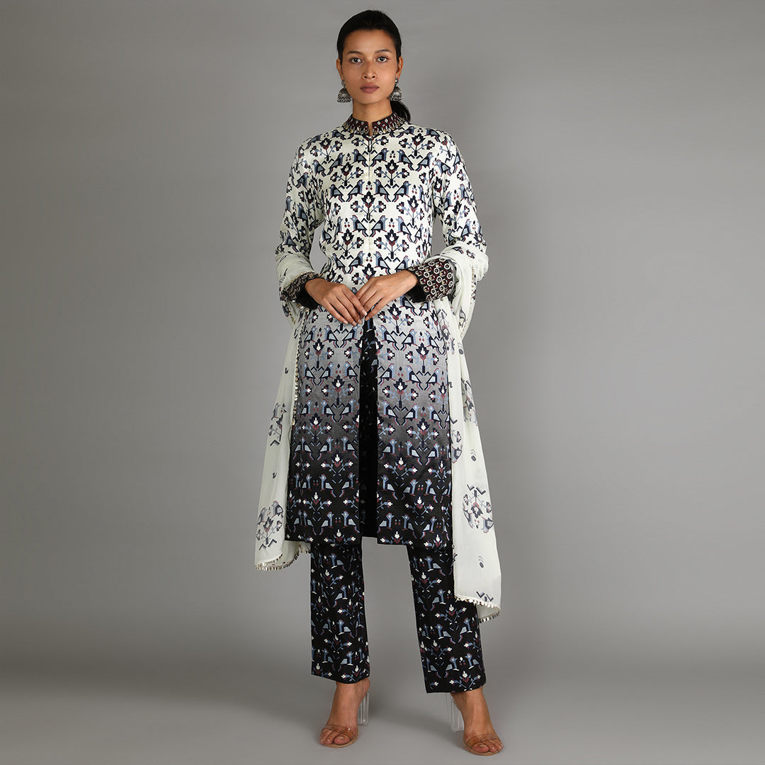 Black And White Ombre Geometric Damask Print Jacket With Black Geometric Damask Print Pant Paired With White Bird Print Dupatta With Embroidery Detailing