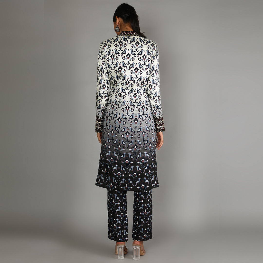 Black And White Ombre Geometric Damask Print Jacket With Black Geometric Damask Print Pant Paired With White Bird Print Dupatta With Embroidery Detailing