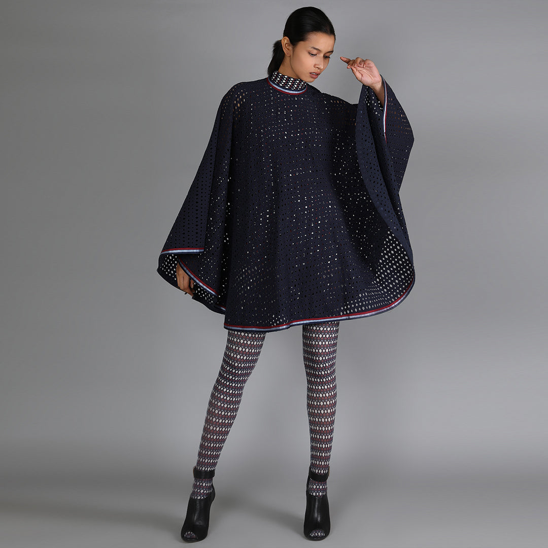 Denim Jaali Laser Cut Cape Top With Turtle Neck Jaali Print Top With Printed Stockings