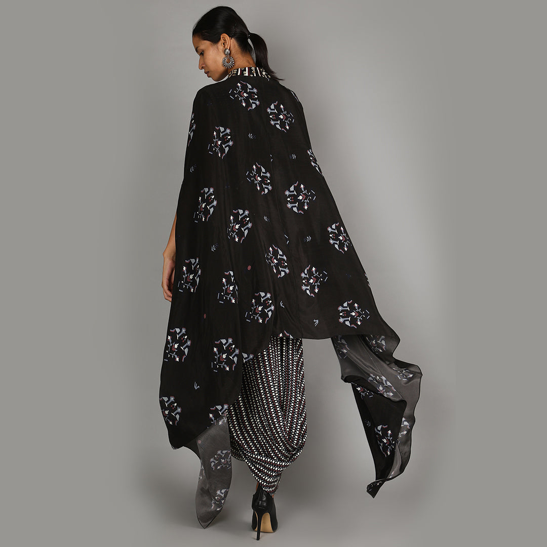 Black Jaali Print Drape Dress With Black Bird Print Cape