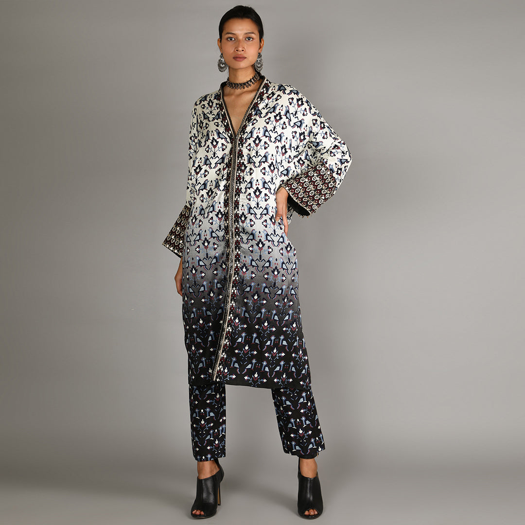 Black And White Ombre Geometric Damask Print Jacket With Black Geometric Damask Print Pant With Embroidery Detailing