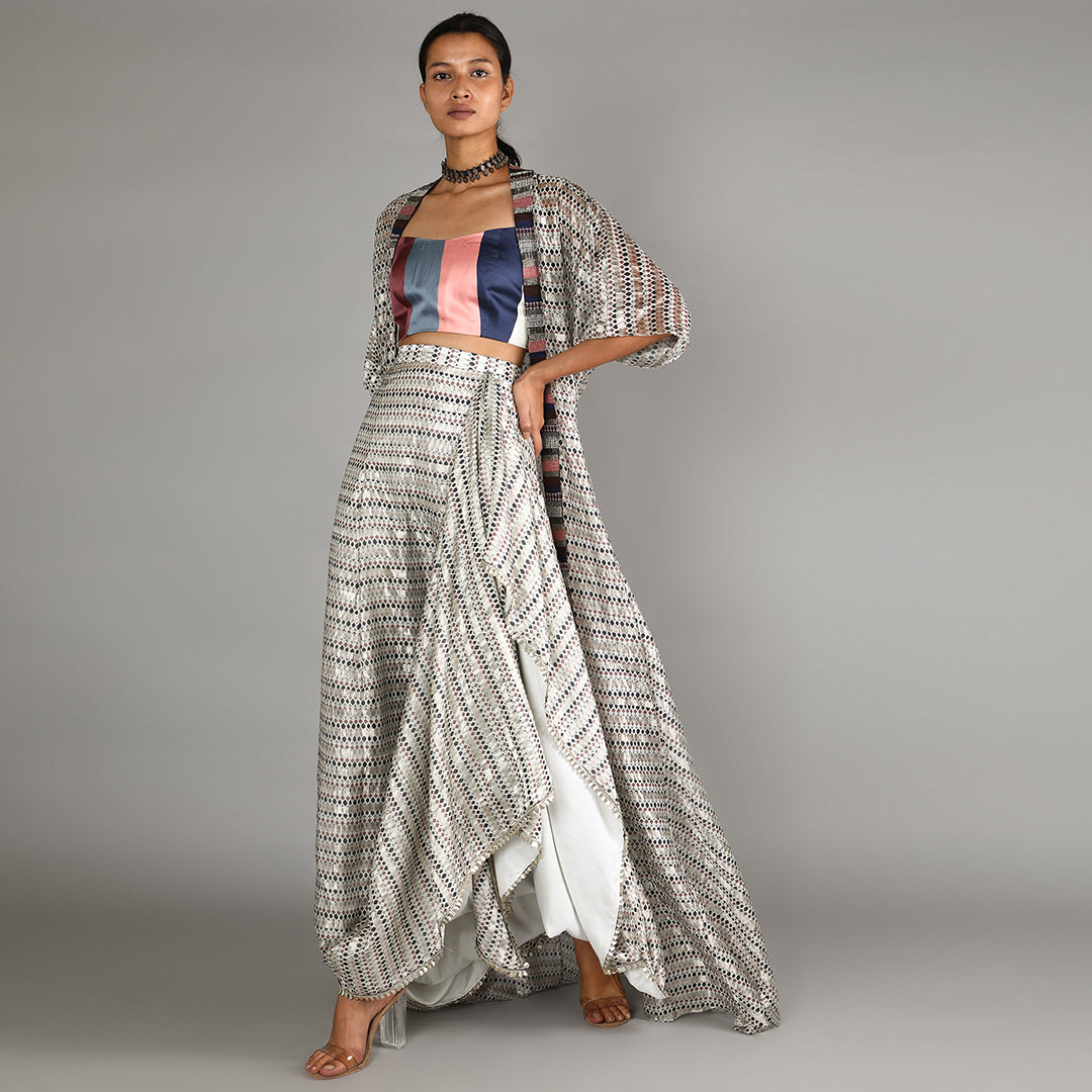 White Jaali Print Chanderi Drape Skirt And Cape Paired With Stripe Print Bustier