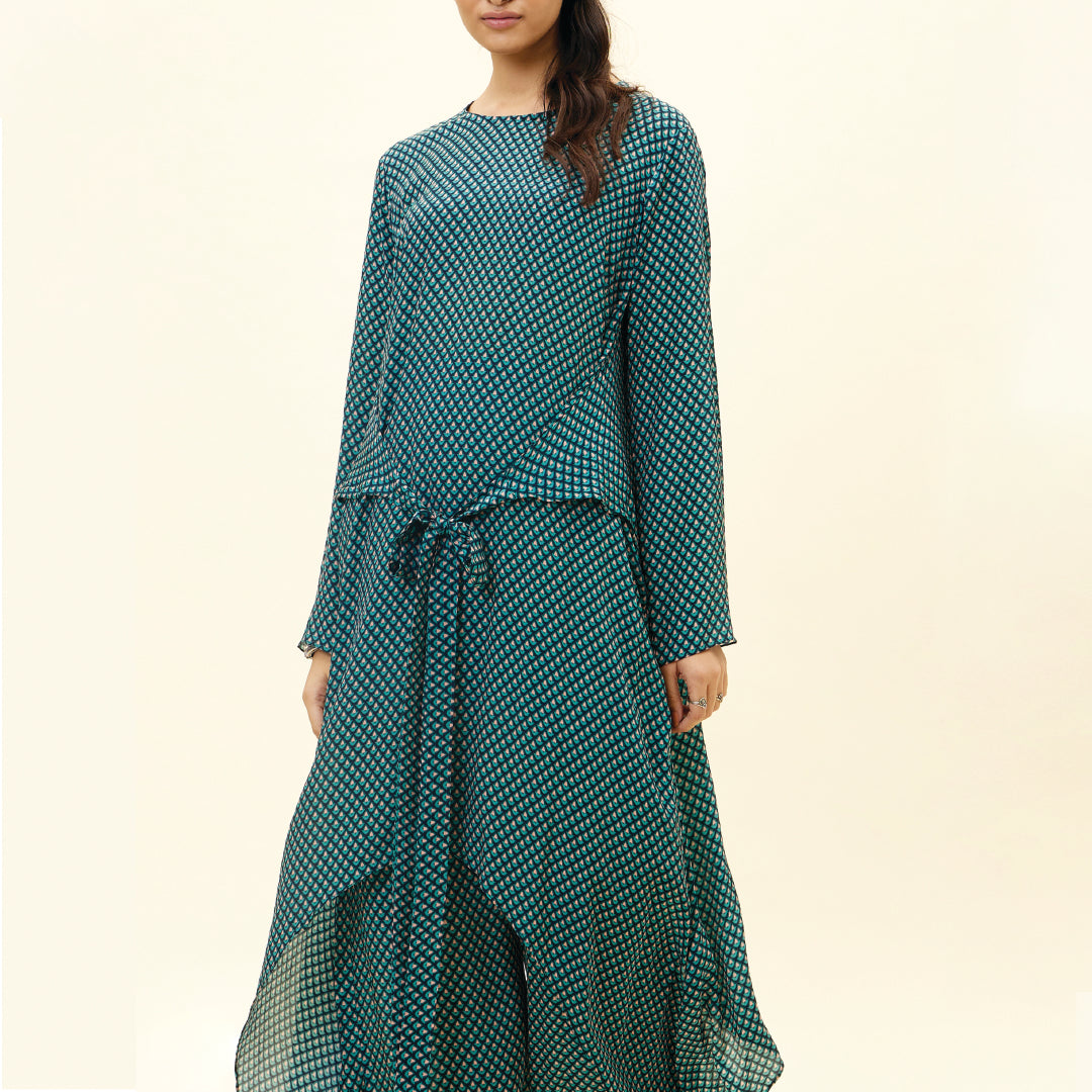 BLUE BUTTI PRINT FRONT TIE UP TUNIC SET