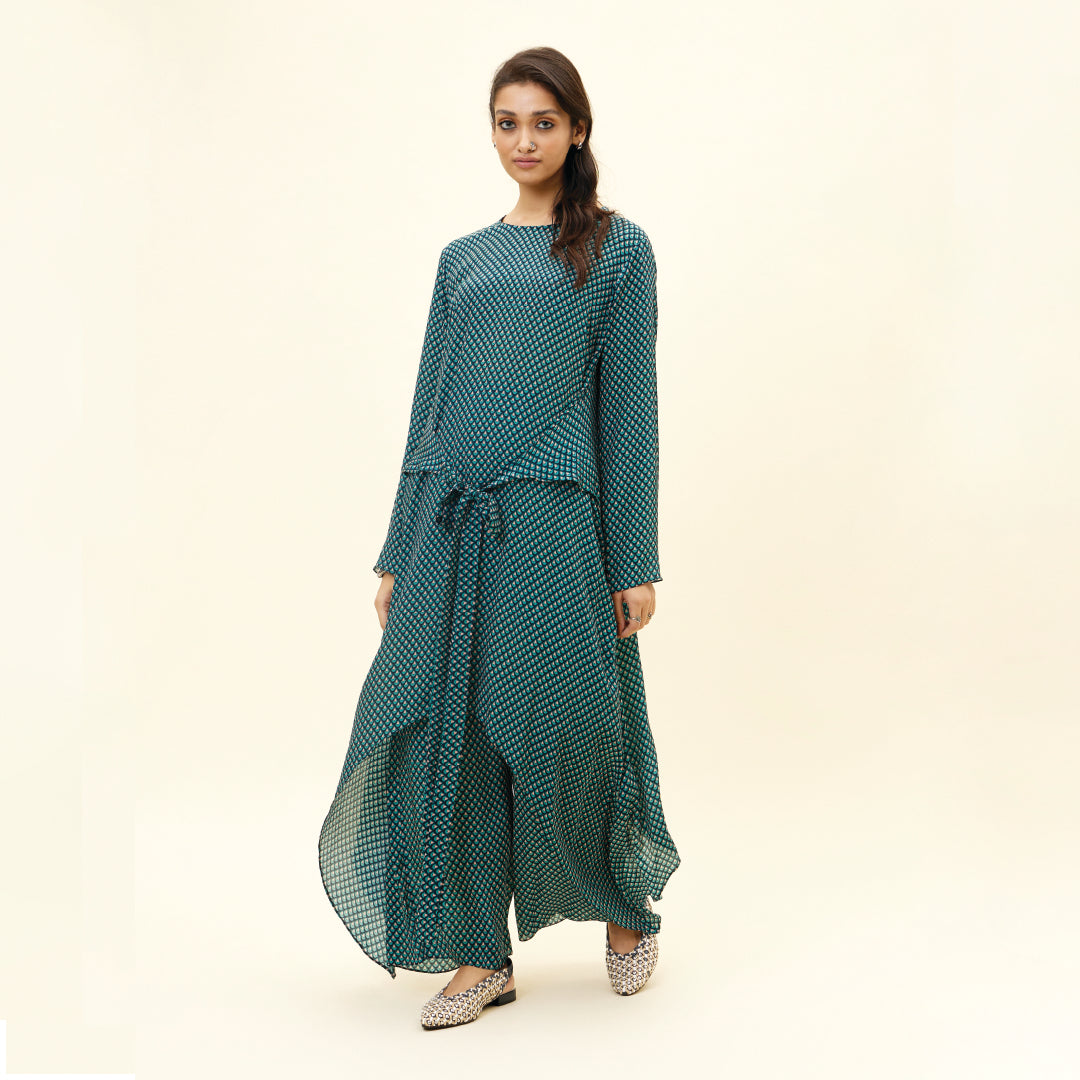 BLUE BUTTI PRINT FRONT TIE UP TUNIC SET