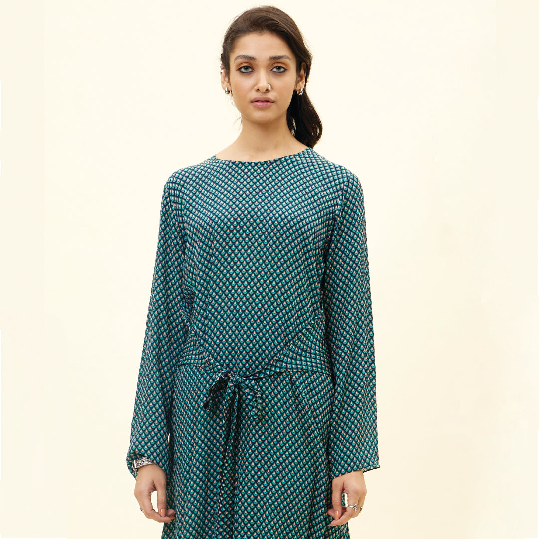 BLUE BUTTI PRINT FRONT TIE UP TUNIC SET