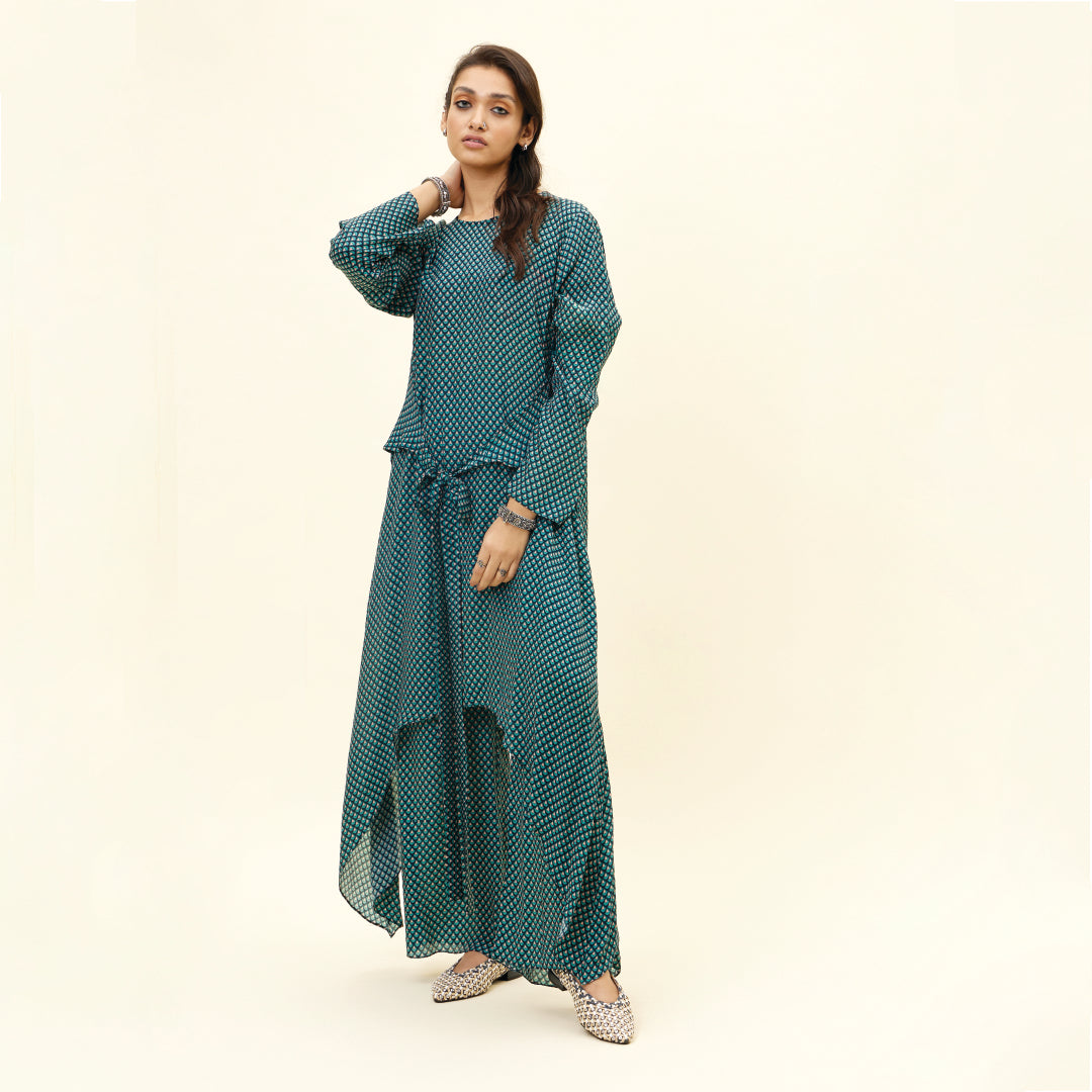 BLUE BUTTI PRINT FRONT TIE UP TUNIC SET