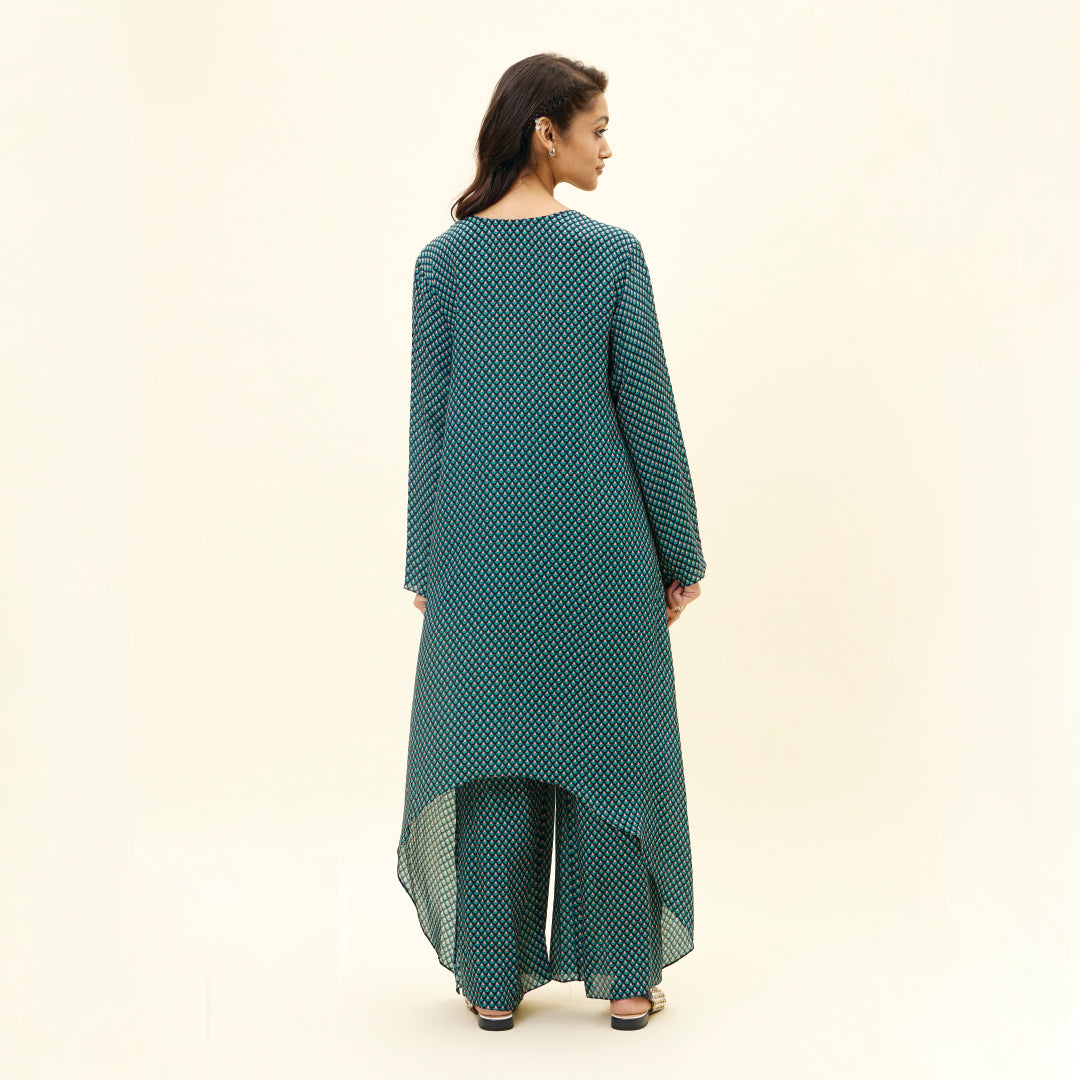BLUE BUTTI PRINT FRONT TIE UP TUNIC SET