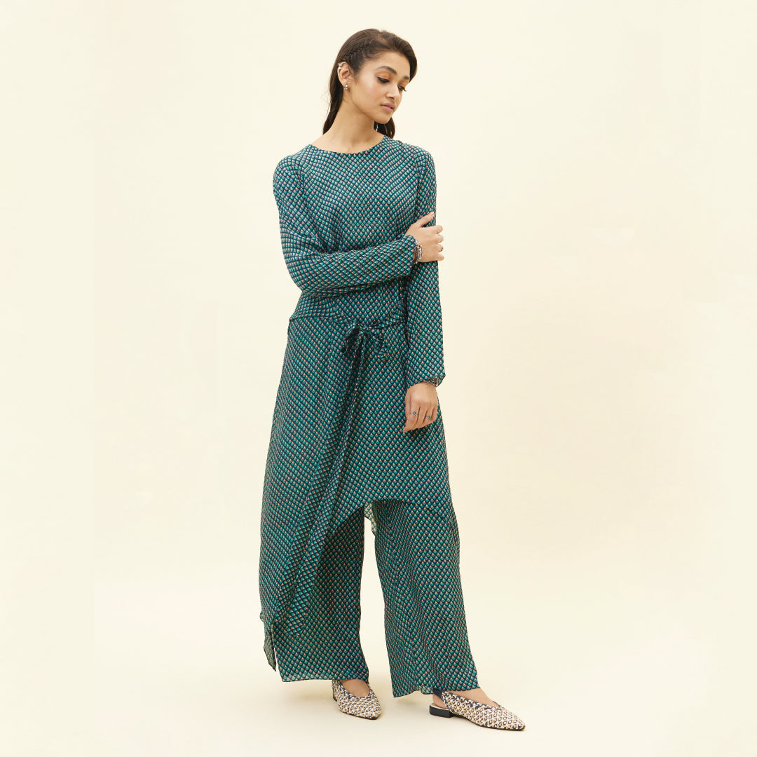 BLUE BUTTI PRINT FRONT TIE UP TUNIC SET