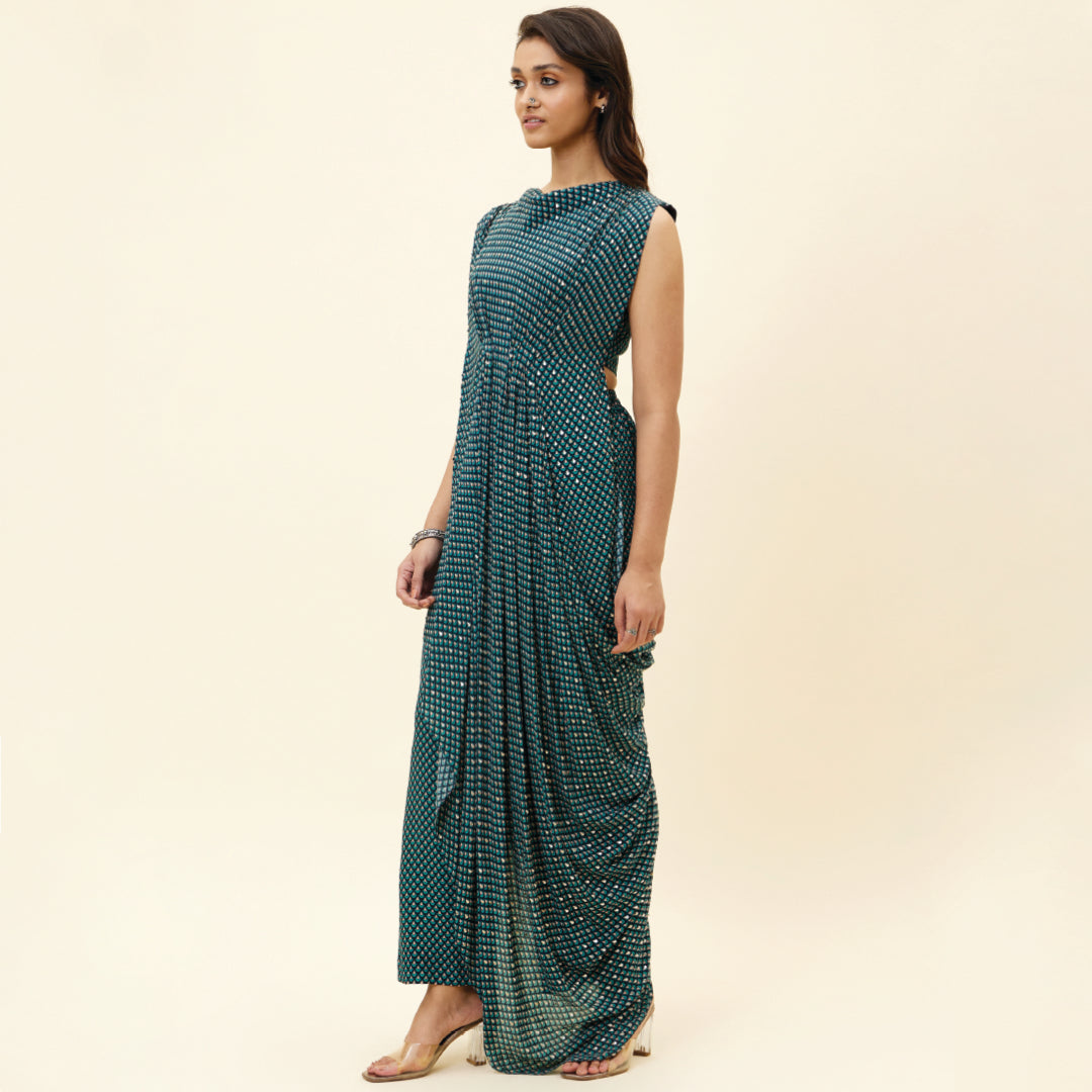 BLUE BUTTI PRINT EMELLISHED DRAPED TOP TEAMD WITH PANTS