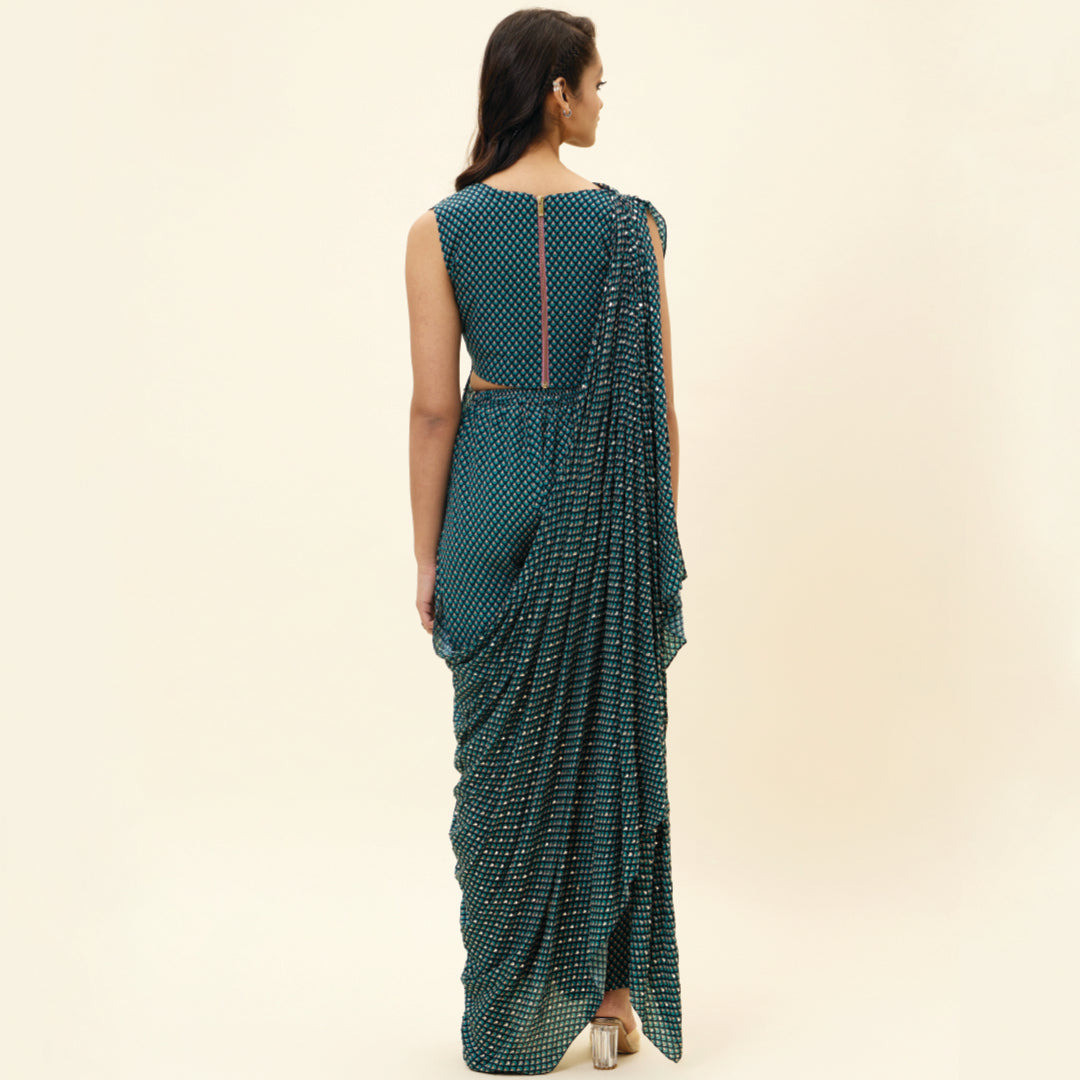 BLUE BUTTI PRINT EMELLISHED DRAPED TOP TEAMD WITH PANTS
