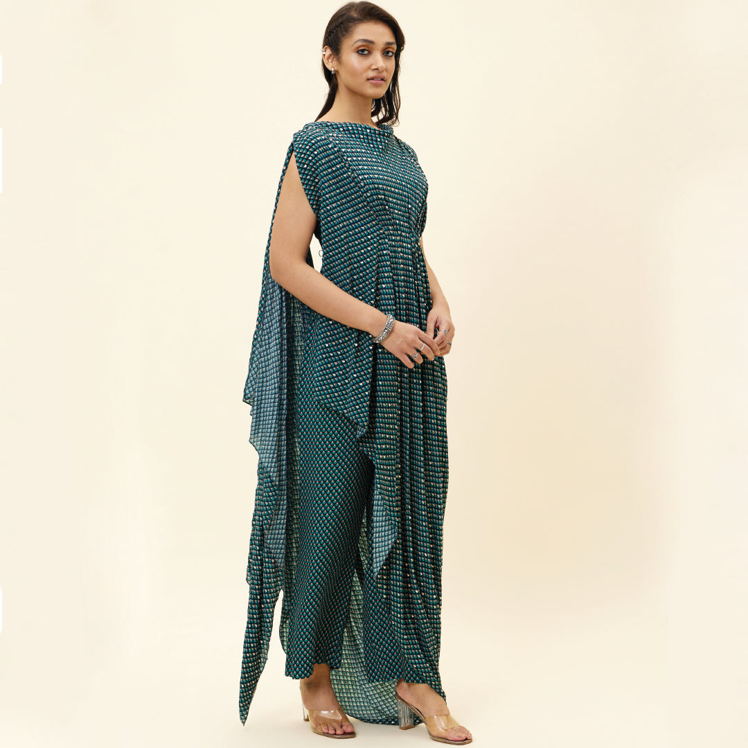 BLUE BUTTI PRINT EMELLISHED DRAPED TOP TEAMD WITH PANTS