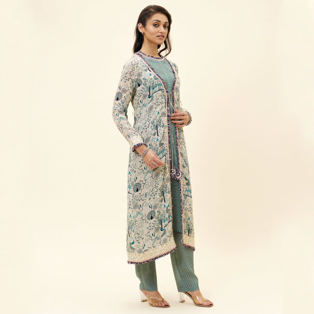 BEIGE BUTTI PRINT SLEEVELESS TUNIC WITH PANTS AND BEIGE MOR JAAL PRINT JACKET