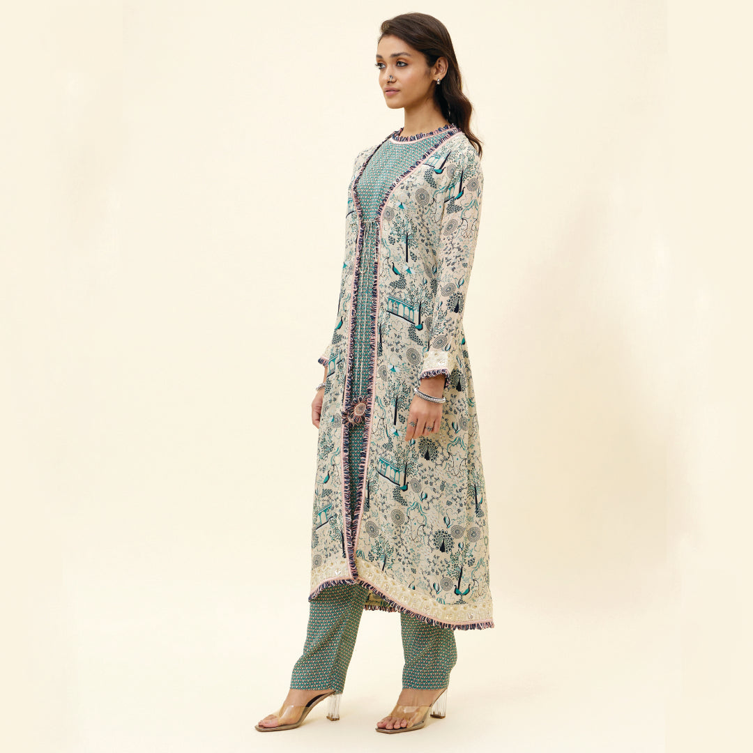 BEIGE BUTTI PRINT SLEEVELESS TUNIC WITH PANTS AND BEIGE MOR JAAL PRINT JACKET