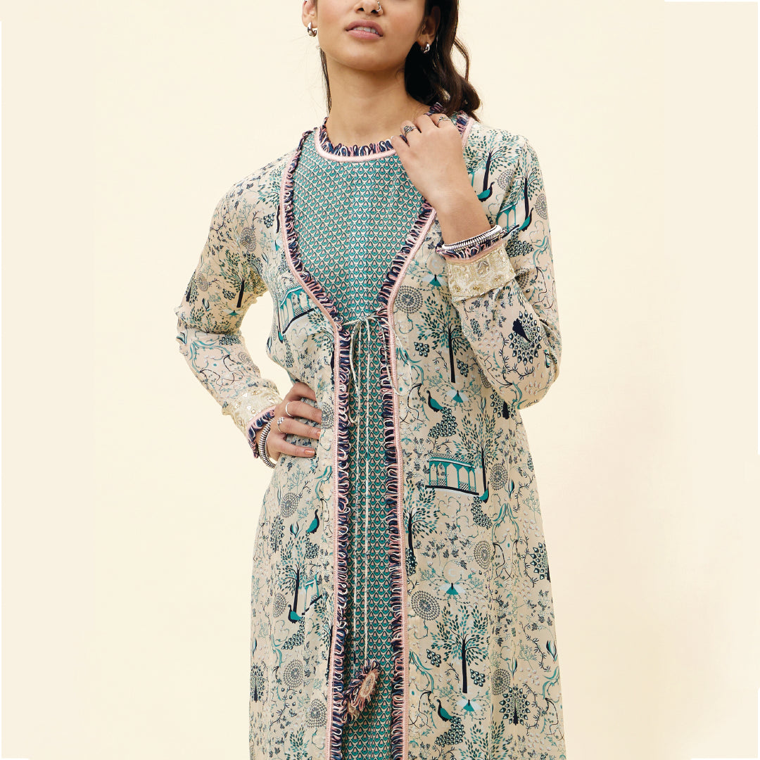 BEIGE BUTTI PRINT SLEEVELESS TUNIC WITH PANTS AND BEIGE MOR JAAL PRINT JACKET