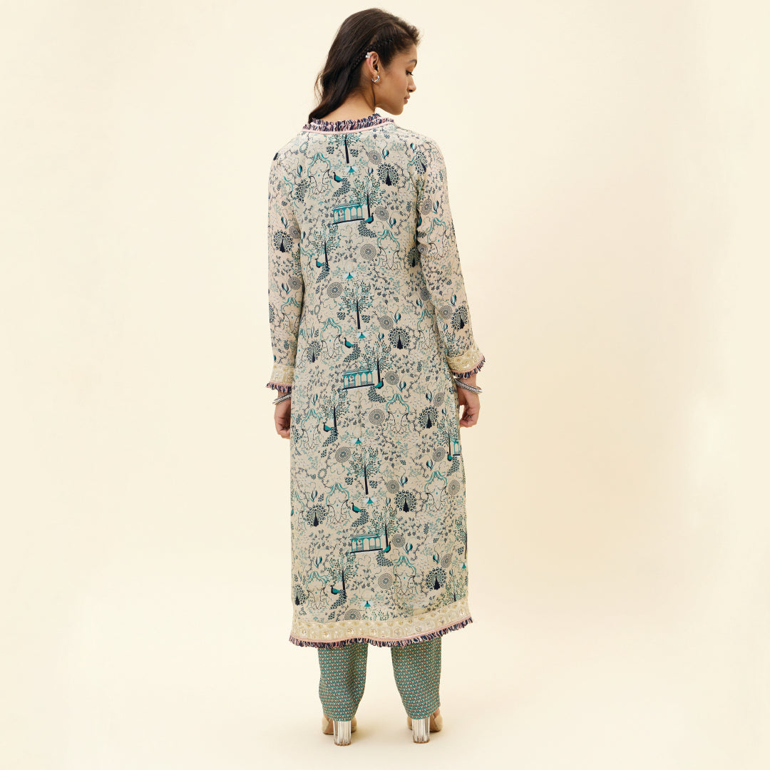 BEIGE BUTTI PRINT SLEEVELESS TUNIC WITH PANTS AND BEIGE MOR JAAL PRINT JACKET