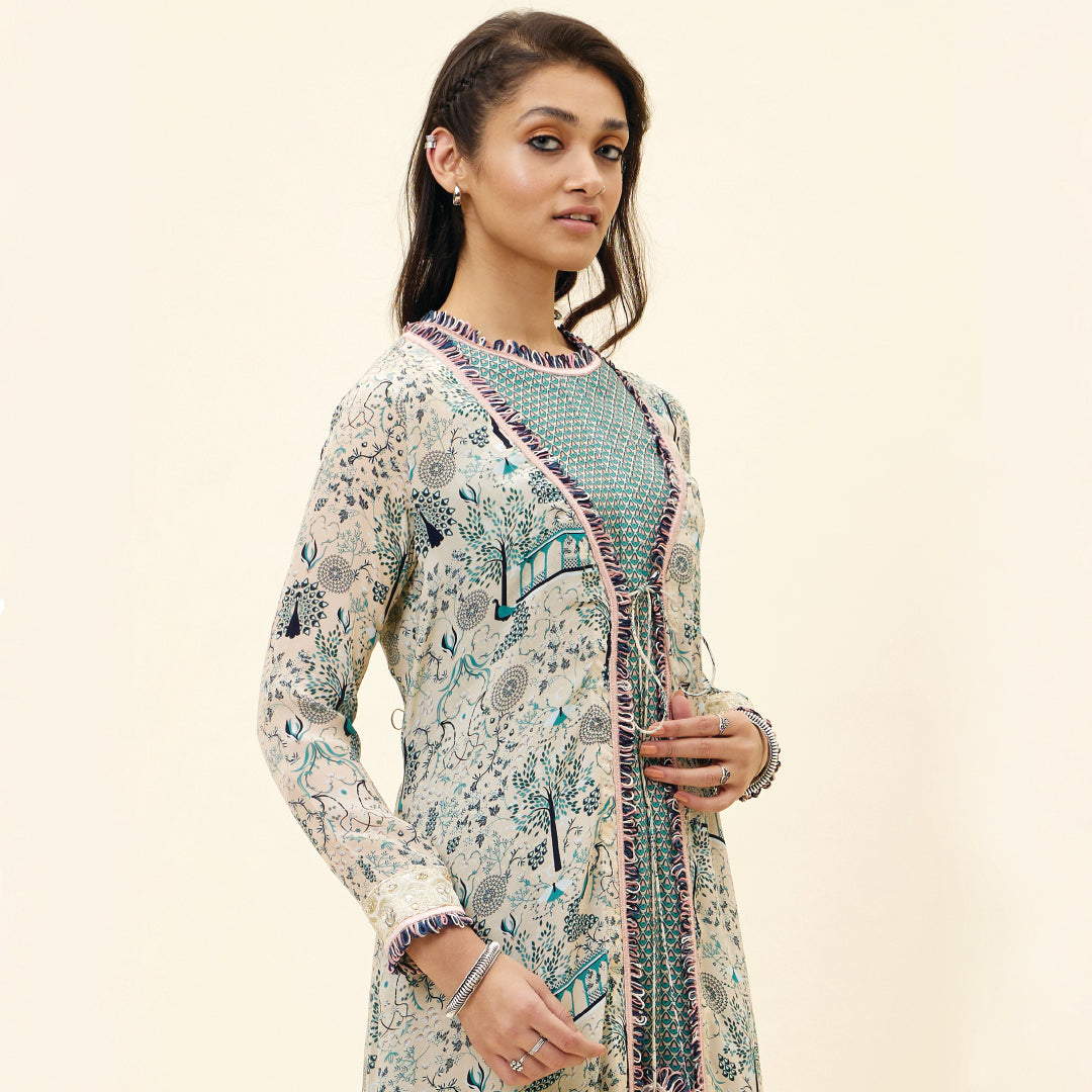 BEIGE BUTTI PRINT SLEEVELESS TUNIC WITH PANTS AND BEIGE MOR JAAL PRINT JACKET