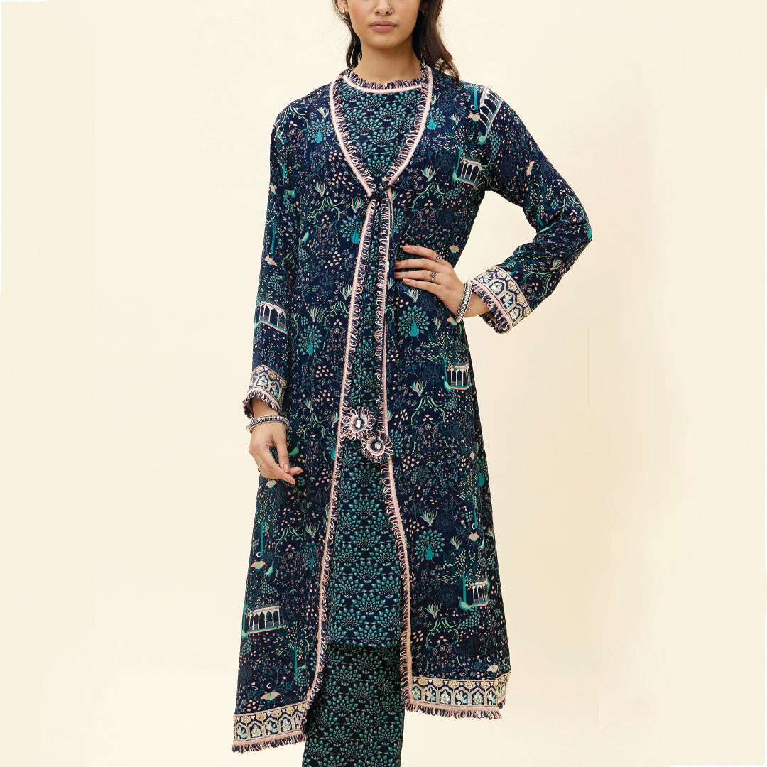 BLUE FEATHER PRINT SLEEVELESS TUNIC WITH PANTS AND BLUE MOR JAAL PRINT JACKET