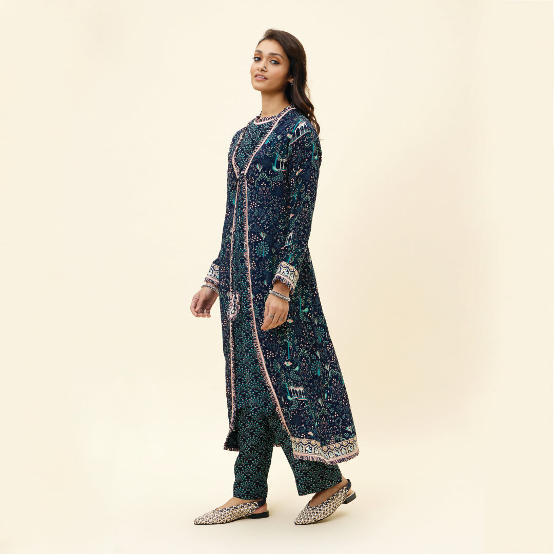 BLUE FEATHER PRINT SLEEVELESS TUNIC WITH PANTS AND BLUE MOR JAAL PRINT JACKET