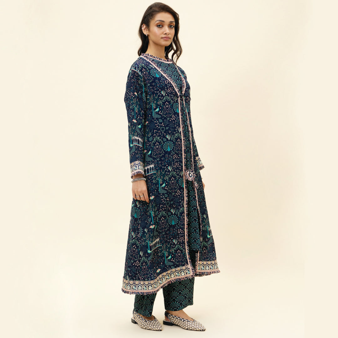 BLUE FEATHER PRINT SLEEVELESS TUNIC WITH PANTS AND BLUE MOR JAAL PRINT JACKET