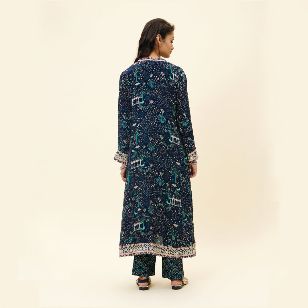 BLUE FEATHER PRINT SLEEVELESS TUNIC WITH PANTS AND BLUE MOR JAAL PRINT JACKET