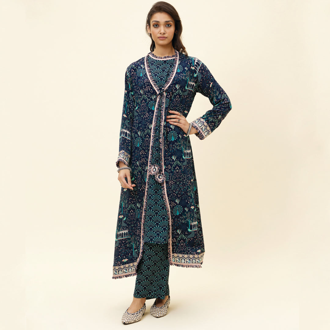 BLUE FEATHER PRINT SLEEVELESS TUNIC WITH PANTS AND BLUE MOR JAAL PRINT JACKET