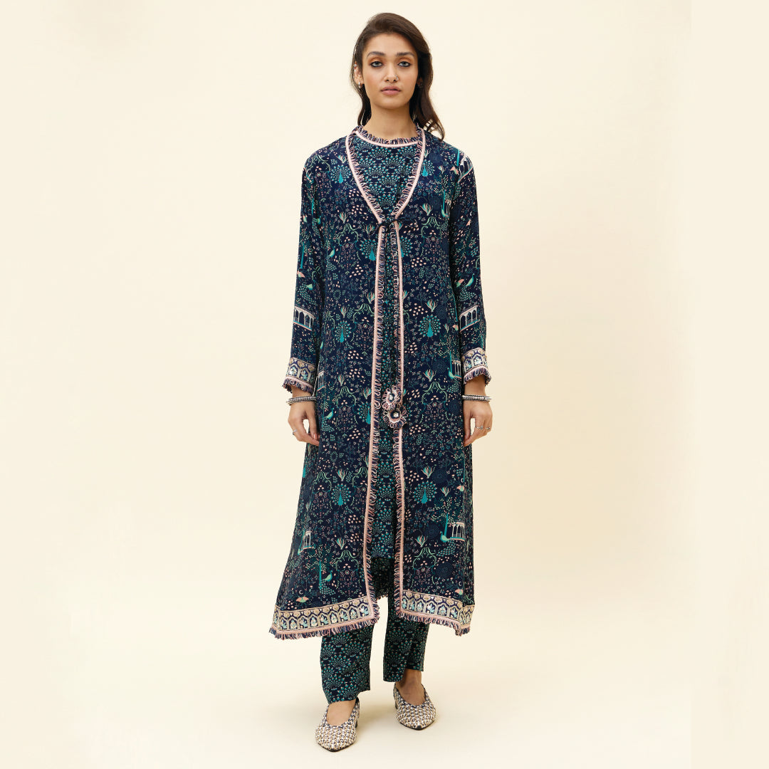 BLUE FEATHER PRINT SLEEVELESS TUNIC WITH PANTS AND BLUE MOR JAAL PRINT JACKET