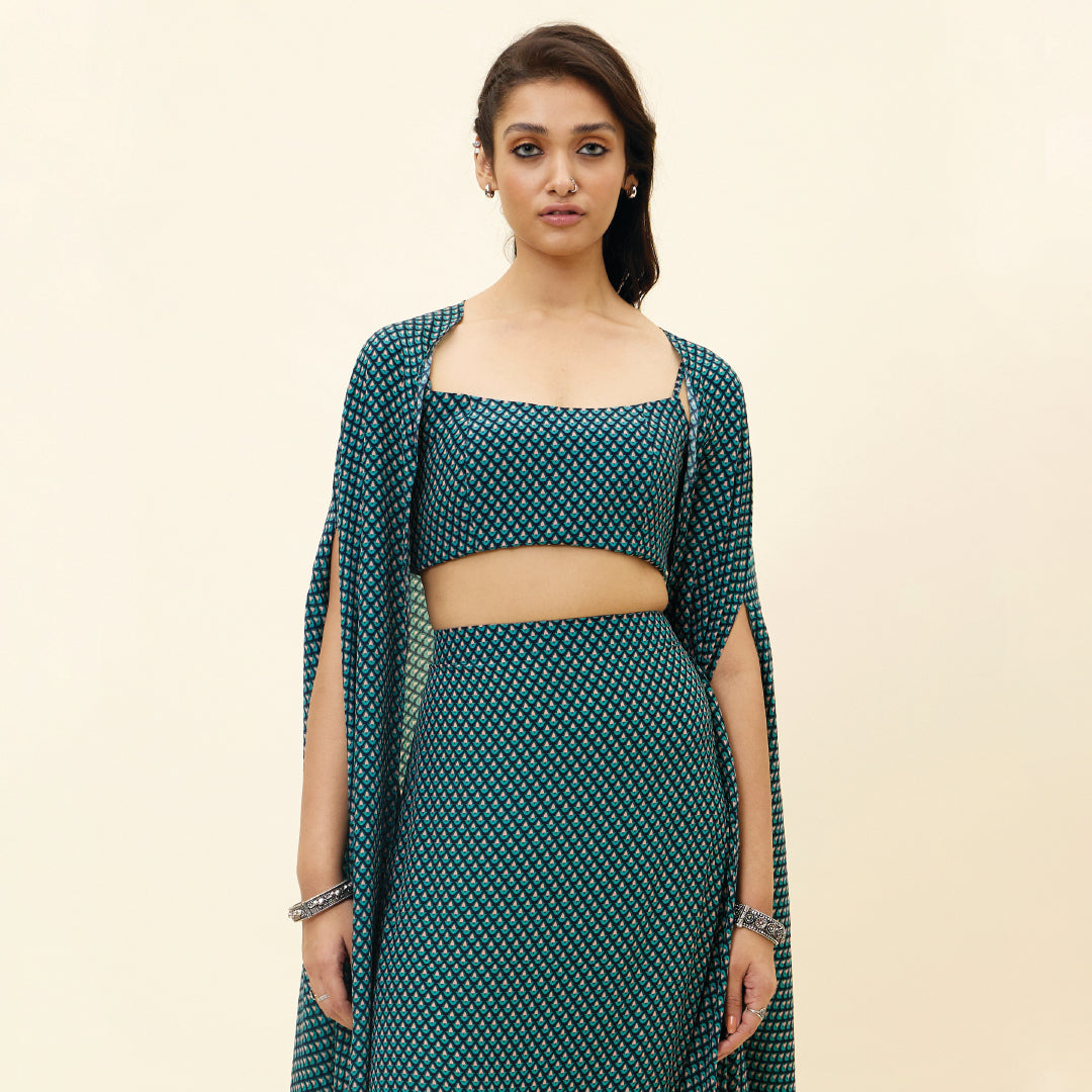 BLUE BUTTI PRINT DRAPE SKIRT WITH BUSTIER AND CAPE