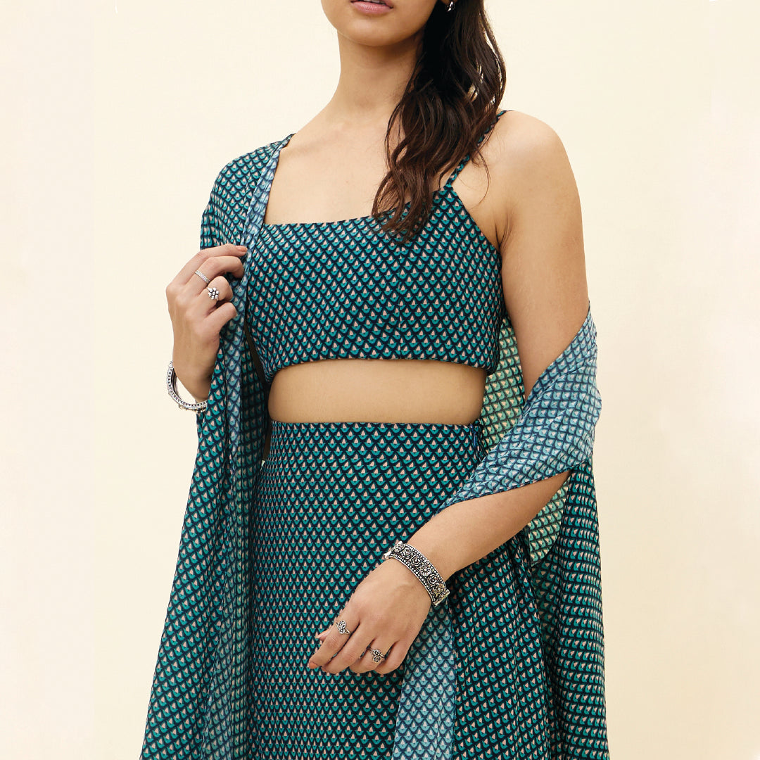 BLUE BUTTI PRINT DRAPE SKIRT WITH BUSTIER AND CAPE