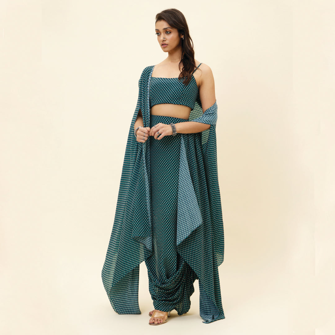BLUE BUTTI PRINT DRAPE SKIRT WITH BUSTIER AND CAPE