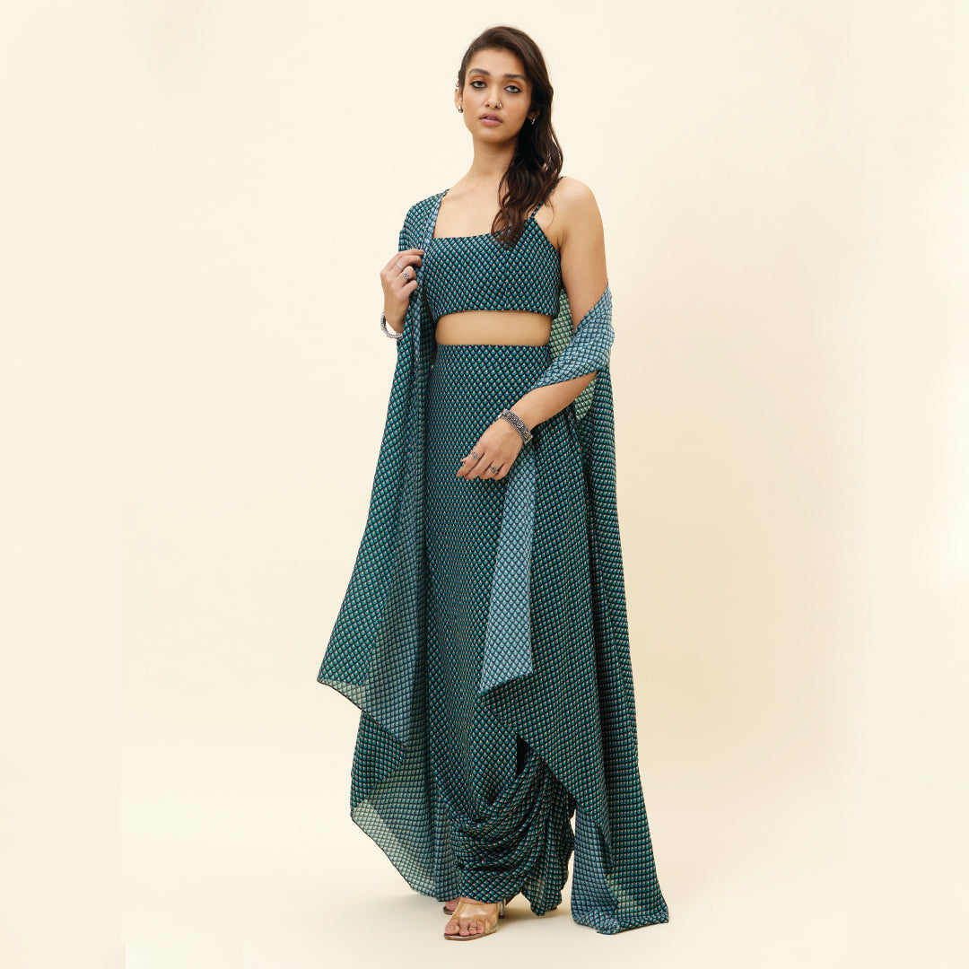BLUE BUTTI PRINT DRAPE SKIRT WITH BUSTIER AND CAPE