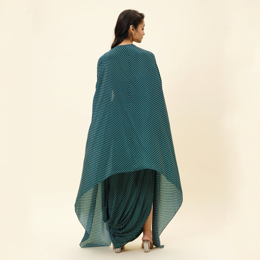 BLUE BUTTI PRINT DRAPE SKIRT WITH BUSTIER AND CAPE