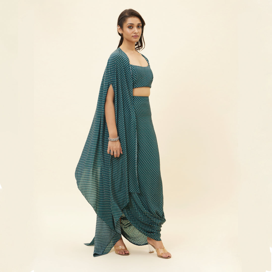 BLUE BUTTI PRINT DRAPE SKIRT WITH BUSTIER AND CAPE