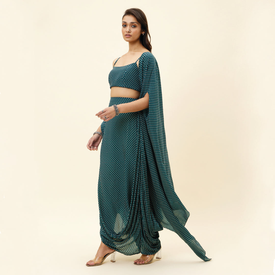 BLUE BUTTI PRINT DRAPE SKIRT WITH BUSTIER AND CAPE