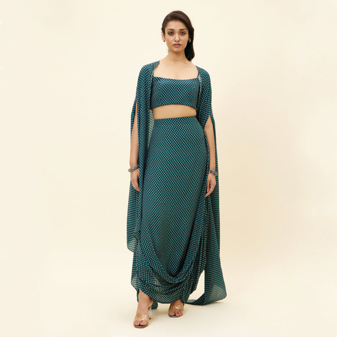 BLUE BUTTI PRINT DRAPE SKIRT WITH BUSTIER AND CAPE