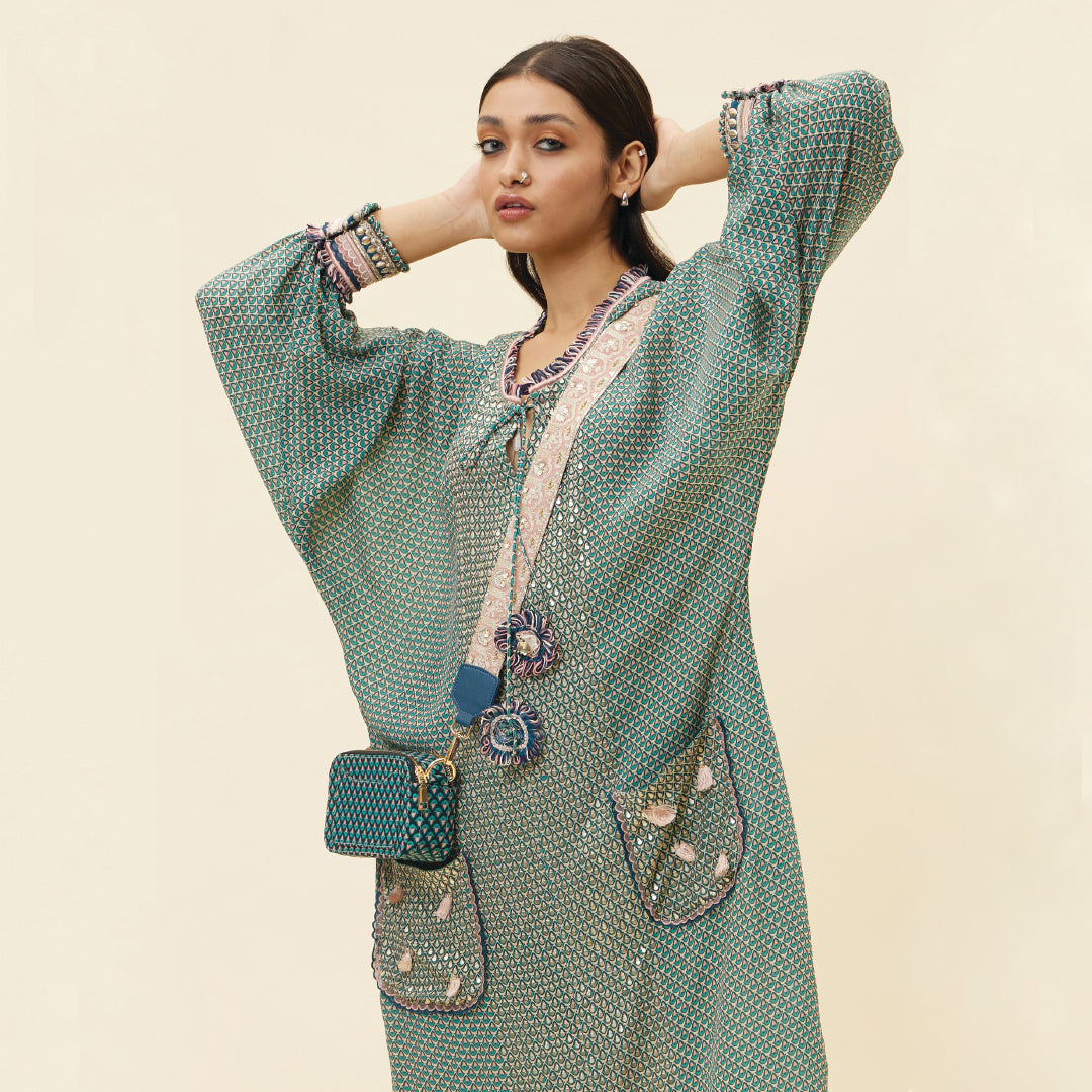 BEIGE BUTTI PRINT EMBELLISHED LONG TUNIC TEAMED WITH PRINTED PANTS