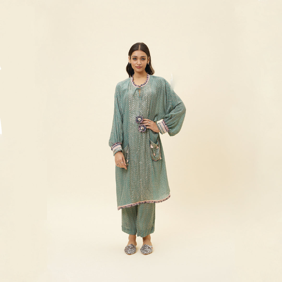 BEIGE BUTTI PRINT EMBELLISHED LONG TUNIC TEAMED WITH PRINTED PANTS