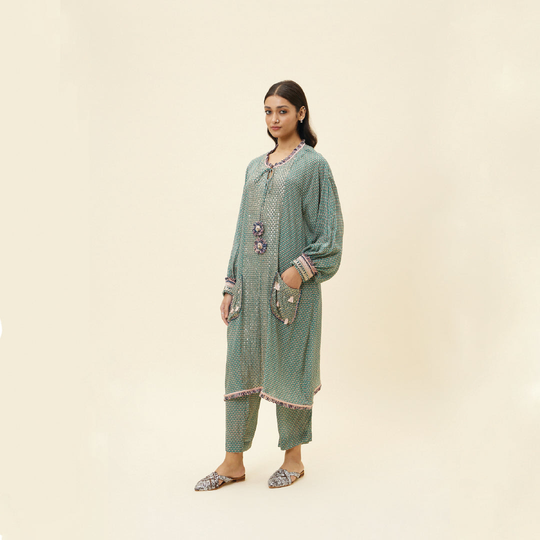 BEIGE BUTTI PRINT EMBELLISHED LONG TUNIC TEAMED WITH PRINTED PANTS