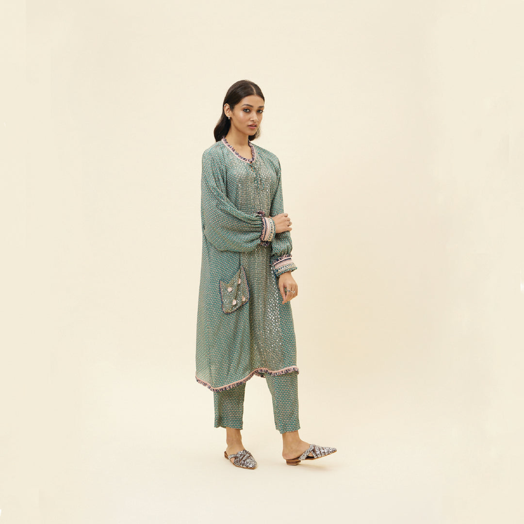 BEIGE BUTTI PRINT EMBELLISHED LONG TUNIC TEAMED WITH PRINTED PANTS