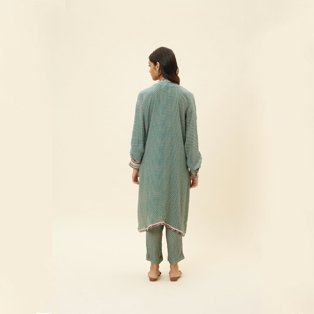 BEIGE BUTTI PRINT EMBELLISHED LONG TUNIC TEAMED WITH PRINTED PANTS
