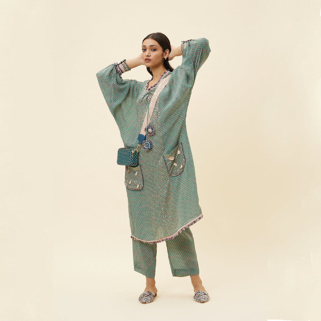 BEIGE BUTTI PRINT EMBELLISHED LONG TUNIC TEAMED WITH PRINTED PANTS